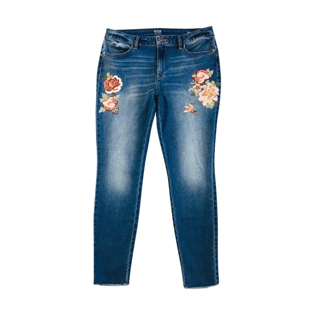 A.N.A Women Stretch High Rise Jeggings Embroidered Medium Wash Floral Blue Jeans